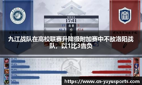 九江战队在高校联赛升降级附加赛中不敌洛阳战队，以1比3告负